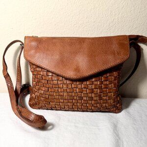 Vilenca Holland Hand Woven Flap Soft Leather Crossbody Bag Cognac Brown Boho